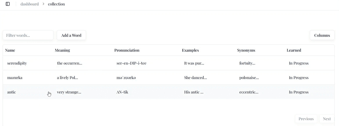 a page from dashboard showcasing collection